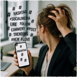 Donna in ufficio con smartphone e hashtag che volano fuori dallo schermo, simbolo di confusione e stress sui social.